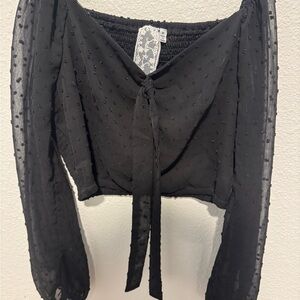 Women's Black Swiss Dot Tie-Front Crop Top